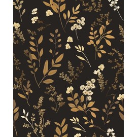 HENNOR Black Gold Leaf Wallpaper Peel and Stick Dark Floral Wallpaper Vintage Contact Paper Waterproof Self Adhesive Removable Boho Botanical Wall Paper for Kitchen Cabinet Desk Decor 17.5in x9.8ft