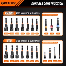 REALTEK 21PCS Magnetic Nut Driver Set, Metric and SAE Nut Drivers,1/4" Nut Driver Bit, Cr-V Steel, Nut Driver Set for Impact Drill, Impact Socket Adapters with Cloth Case