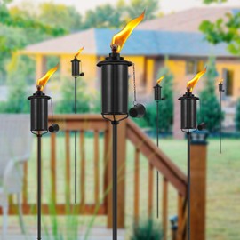 FAN-Torches Home Garden Torch Set of 6, 16oz Outdoor Metal Torch Garden Décor, 59-Inch Upgraded Citronella Torches with 3-Prong Grounded Stake, Metal Light Torches for Party Patio Pathway