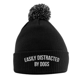 Easily Distracted By Dogs Bobble Hat, Birthday Dog Walking Accessories Gifts Warm Winter Knitted Beanie Hat with Faux Fur Pom Pom for Womens Kids Girls Boys and Men, One Size, Black