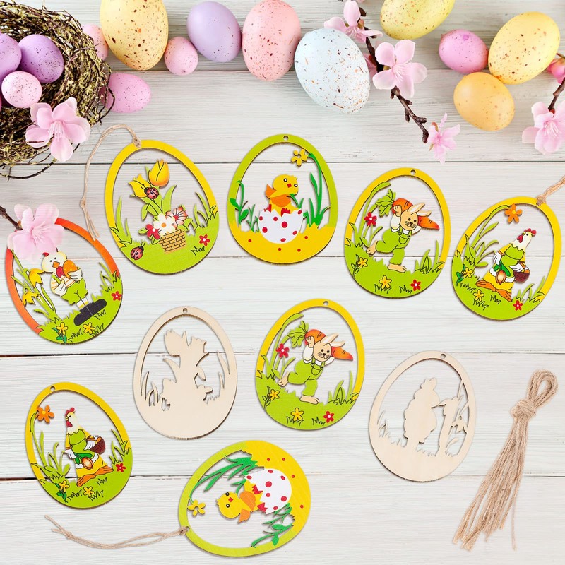 MELLIEX Pack of 10 Wooden Easter Pendants, Hollowed Easter Eggs