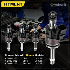 YEHERIT Set of 4 Fuel Injectors Compatible with Honda Accord 2018-2021, Civic 2016-2021, CR-V 2017-2021 L4 1.5L, Replace# 160105PA305, 1601059B305