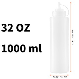 SINJEUN 6 Pack Squeeze Sauce Bottles with Caps, 1000 ml Empty Plastic Sauce Bottles, Translucent White Squeeze Condiment Bottles for Ketchup, Icing