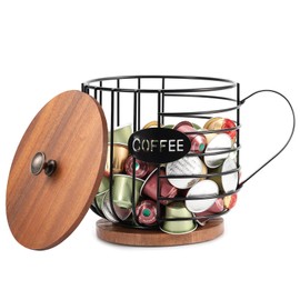 Hniuyun Coffee Pod Organizer, Counter Coffee Capsule Holder, Coffee Bar Accessories, Large Capacity Black Wire Kup Storage Basket with Wooden Base & Lid for Kitchen and Office
