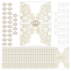 Affrolling 25 Set 5x7 Inch Wedding Invitation Sleeves Quinceanera Invitations Gold Laser Cut Invitation Sleeves with Mini Crowns and Butterfly Ribbons for Sweet 16 Birthday Invitations Girl