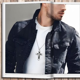 JUNOVUROS Stainless Steel Jesus Christ Cross Pendant Necklace for Men, 20 to 28 In Rolo/Byzantine Chain, 2 Sizes of Religious Jewelry with Silver/Gold/Black