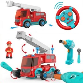 Smiim 【Material and Paint Safety Inspected】 Mini Car Fire Truck Radio Control Boy Toy Birthday Gift 3 Year Old 4 Year Old 5 Year Old Car Carpenter Pretend Play Assembly Toy DIY Car Set Boy Toy