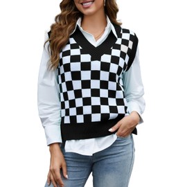 Odefou Women Christmas Sweater Vest Valentines Day Gifts Mothers Day St Patricks Day Outfits for Mom, Sweater Vest-black and White Checkered, Medium