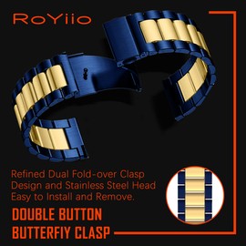 RoYiio Stainless Steel Replacement Bracelet for Lug Width 22 mm Bracelet with Quick Release Beautiful Polished Stainless Steel Metal Band for Men and Women - Blue Gold