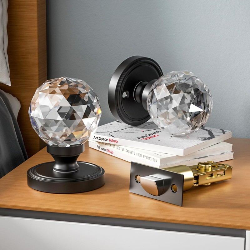 Bwintech 1 Pair Solid Crystal Black Door Knobs, 65mm Palace