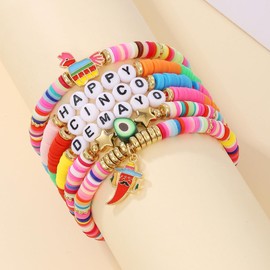 Holiday Heishi Surfer Bracelet Set for Women Men Rainbow Happy Easter Cinco De Mayo Polymer Clay Beaded Stretch Bracelet Stackable Mexican Fiesta Rabbit Bunny Charm Bracelet Y2k Jewelry -Set 1