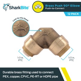 SharkBite 1/2 Inch 90 Degree Elbow, Pack of 12, Push to Connect Brass Plumbing Fitting, PEX Pipe, Copper, CPVC, PE-RT, HDPE, U248LFA
