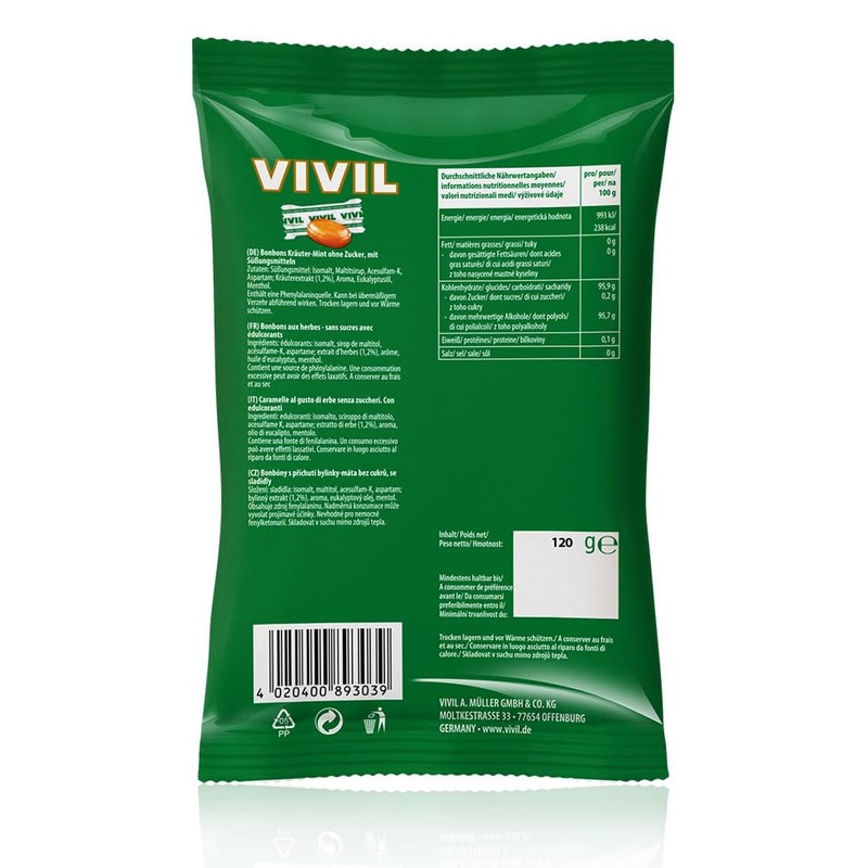 VIVIL Herbal Mint with 23 Herbs, 5 Bags, Cough Drops