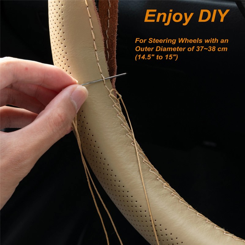XUKEY Beige Leather DIY Car Steering Wheel Cover Breathable Non-slip