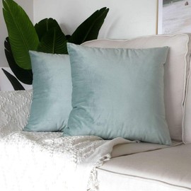 Artcest Set of 2 Decorative Velvet Throw Pillow Cases, Soft Solid Cushion Covers for Sofa Couch and Bed, 20"x20" (Seafoam)