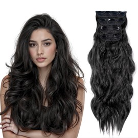 Ideal Swan 20In Clip in Hair Extensions, Long Wavy Curly Black Hair Extension, Clip in Long Wavy Synthetic Hair Extension, Pony Tails Hair Extensions for Women Daily Use (4 PCS)