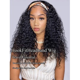 UNICE HookFit Water Wave Headband Wig Human Hair with Drawstring No-Slip Glueless Headband Half Human Hair Wig 150% Density Natural Black 20 inch