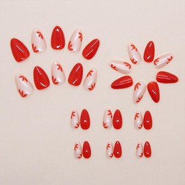 Short Press on Nails Almond Fake Nails with Flower Designs Light Pink Glue on Nails Red Short Almond Nails Press ons Glossy Acrylic False Nails Cute Artifical Stick on Nails for Women 30Pcs