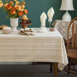 Linen Textured Rectangle/Oblong Tablecloth with Lace Trim Yarn-dyed Golden Purl StripeTable Cover for Buffet Banquet Parties Event Holiday Farmhouse Kitchen Dining Table Cloth Decor 52x70 In