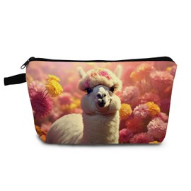 YULUENZE Funny Alpaca Present Lama Pattern Makeup Bag Cute Small Organizer Bag with Zipper Floral Lama Cosmetic Bag Birthday Presents for Llama Lovers Women Sisters Friends