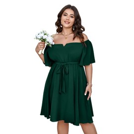 SCOMCHIC Womens Plus Size Cocktail Dress Summer Off Shoulder Short Sleeve Flowy Ruffle A-Line Cute Mini Dress with Belt