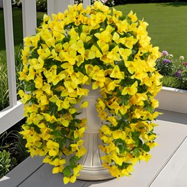 Ouddy Decor 3 Pcs Artificial Hanging Bougainvillea Flowers for Outdoors, Fake Hanging Plants Silk Flowers Long Trailing Vines UV Resistant for Planter Porch Patio Balcony Home Decor, Yellow