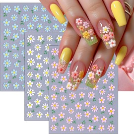 6Sheets Colorful Flower Nail Art Stickers 3D Floral Nail Decals Spring Wildflower Daisy Nails Design Stickers White Blue Pink Flower Sticker Cute Nails Supplies Decoration for Women Girls Manicure