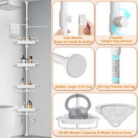 WSBArt Upgrade Sturdy Shower Caddy Tension Pole Quick Installation Corner Shower Shelves 18/8 Stainless Steel Rustproof 4 Tier Adjustable Shower Rack for Bathtub Shampoo Accessories Storage 32-122inch