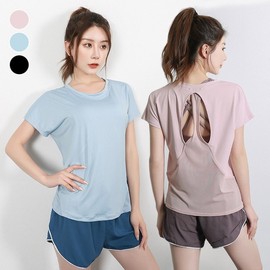 Short Sleeve Mesh Two-Hole Training Yoga Top ELC-1026 Pink/XL(77)