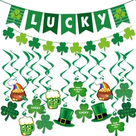 33 PCS St. Patricks Day Shamrock Decorations Set, Lucky Green Clover Hanging Banners and Swirls Ornaments for Irish Festival Saint Patrick Party Lucky Day Home Indoor Outdoor Party Favors Supplies
