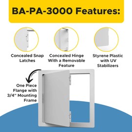 Best 8” x 8” High-Impact Styrene Plastic Access Panel with UV Stabilizers, Flush Plastic Access Door for Drywall & Ceilings, Drywall Panel for Plumbing, Wiring & Cables, White, AMZ-BA-PA-3000
