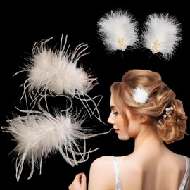 DANUDON 4Pcs White Ostrich Feather Hair Clips, Feather Hair Barrettes Retro Elegant Feather Headpiece Hair Accessories Bride Hairpins for Women Wedding Birthday Christmas