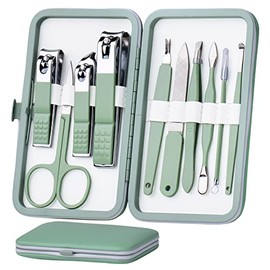 HANTEKAS Juego de manicura 10 en 1 de acero inoxidable, cortaúñas tijeras kit de herramientas de pedicura - Kit de aseo portátil de viaje para hombres y mujeres con estuche de cuero (verde jade)