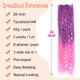 Hippie and Boho Wavy Dreadlock Extensions Sets,3 in 1 Mixed Synthetic Dreads Extensions, Handmade Soft Lightweigth Single Straight & Curly Style Dreadlock for Women(26",16 locs,Purple/Pink)