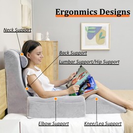 Moavica 5Pcs Lightweight Bed Reading Pillow, Memory Foam Back Support Pillow with Adjustable Handrail, Soft Neck Pillow and Knee Pillow, Suitable for Relaxing, Reading or Watching TV, Gray, 19in