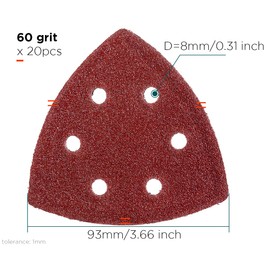 YoiYee 60 Grit Delta Sanding Sheet, Hook and Loop Triangle Sandpaper Pad, Sand Paper Disk, 6 Holes, 93 x 93 x 93mm, 20 Pack