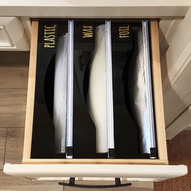 OnDisplay Luxe Acrylic 3-in-1 Plastic Wrap/Wax Paper/Aluminum Foil Dispenser for Drawer or Wall Mountable (Black 3-in-1)