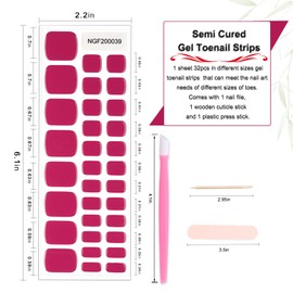 WOKOTO Semi Cured Gel Nail Strips For Toenails, 16 Size 32 Tips Magenta Nail Polish Strips With Nail File & Wooden Stick, Works With Any Lamps, Salon-Quality, Long Lasting, Easy To Apply & Remove