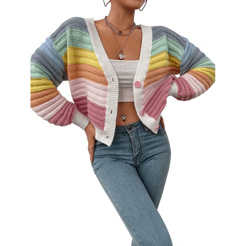SweatyRocks Women's Color Block V Neck Button Front Knit Cardigan
