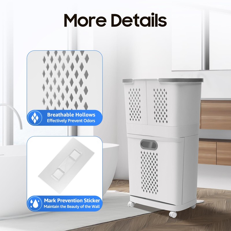 2 Tier Laundry Basket with Wheels & Handle, White Laundry