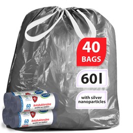 Stella Pack Trash Bags - Pack of 40-60 Liter Capacity - Hygienic Protection - Odor Control & Absorbing - Tear Resistant & Eco-Friendly Trash Bags - Strong Bag with Drawstring Closure - Silver Color