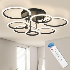 7-Ring Modern LED Flush Mount Ceiling Light - 31.8" Dimmable Close-to-Ceiling Fixture with Remote Control, 130W 3000K-6500K Adjustable Color Temperature for Bedroom, Living Room, Kitchen (Black)