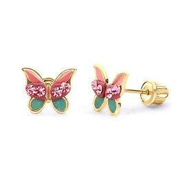 14k Yellow Gold CZ Butterfly Stud Earrings with Screw Back