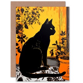 Artery8 Black Cat in Sunlight for Him or Her Man Woman Birthday Thank You Congratulations Blank Art Greeting Card