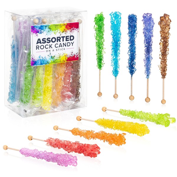 Assorted Rock Candy Crystal Sticks - Assorted Flavors - 24 Indiv. Wrapped