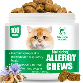 Cat Allergy Relief Chews, Skin & Immune Support for Cats - Salmon Flavor Soft Chews with Colostrum, Probiotics 300M CFU, Omega 3 - Itchy Skin & Paw Licking Remedy, 100 Count
