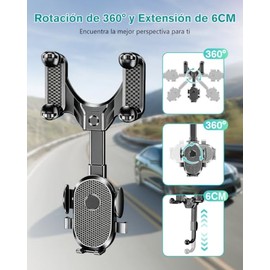 Soporte Celular Auto, Soporte de Teléfono Giratorio y Retráctil de 360°, Multipropó Sito, se Puede Utilizar en los Espejos Retrovisores del Coche, Com