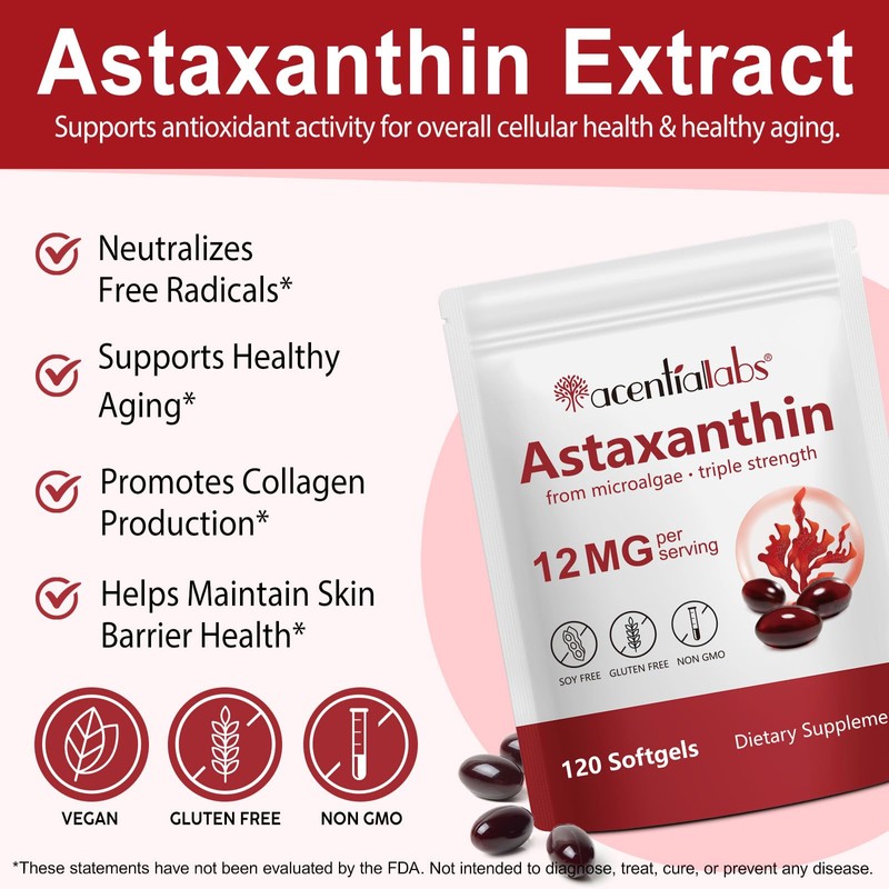 ZIXBMHYJ Astaxanthin 12mg, Natural Astaxanthin Supplement, Supports Eye, Skin, Joint,
