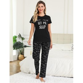 SPKPKEY Women‘s Cotton Pajamas Set Short Sleeve Cute Printed Tops and Long Pants 2 Piece Loungewear Sleepwear PJs Sets Black Small