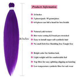 UPruyo Pre Stretched Braiding Hair Extensions Purple Box Braids Crochet Hair Knotless Non Toxic Hypoallergenic Braiding Hair Pre Stretched Purple Weave Bundles 26 Inch 3 Packs